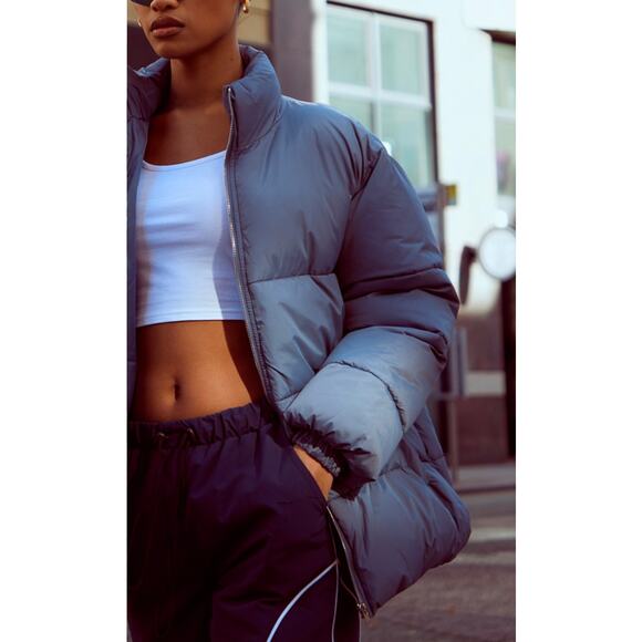 PrettyLittleThing Slate Grey Soft Touch Nylon Padded Panel Longline Puffer UK XS - Picture 3 of 7